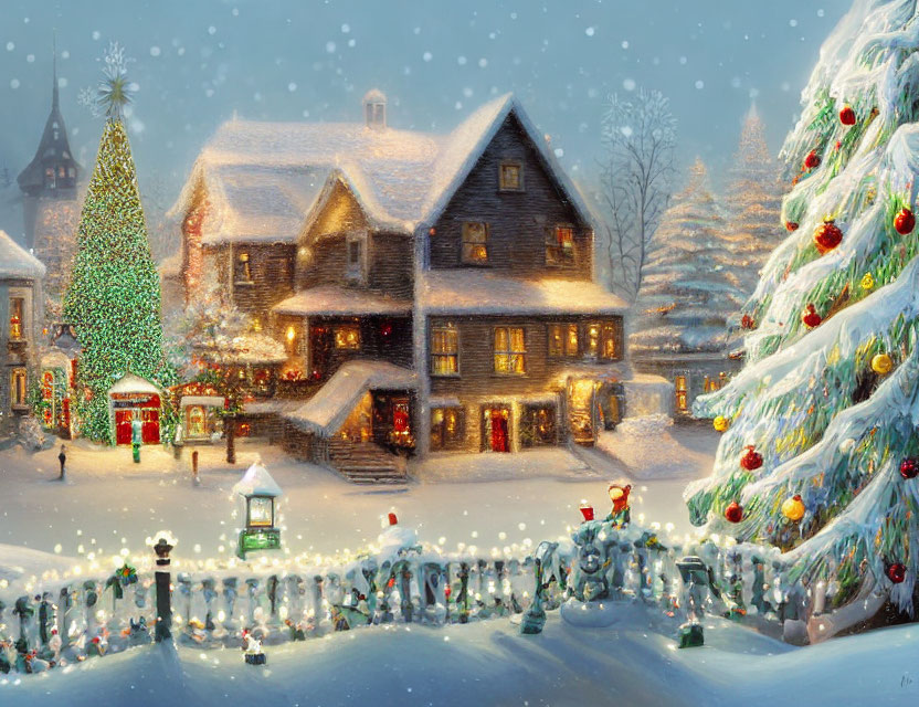 Snowy Christmas scene with cozy house and decorated tree