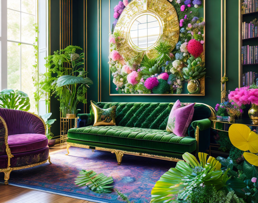 Sophisticated Green-themed Room with Floral Art, Velvet Furniture, Gold Accents, Plants, and