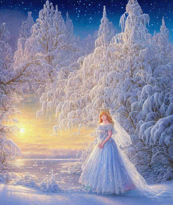 Woman in Sparkling Blue Gown in Snowy Forest with Tiara