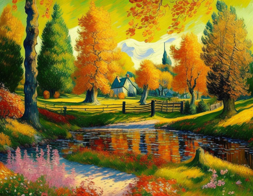 Colorful autumn landscape with stream, trees, cottage, and cloudy sky