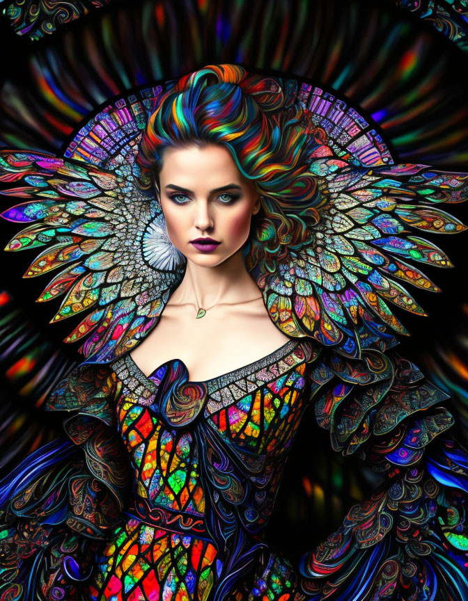 Colorful digital artwork of a woman with intricate wings and rainbow gown