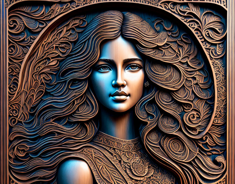 Detailed relief-like illustration of a woman with flowing hair and intricate patterns in earthy tones, framed in