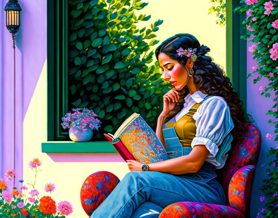 Woman reading book surrounded by vibrant flowers and greenery by window.