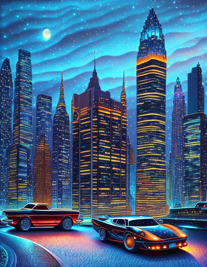 Neon-lit cityscape with retro-futuristic cars under crescent moon