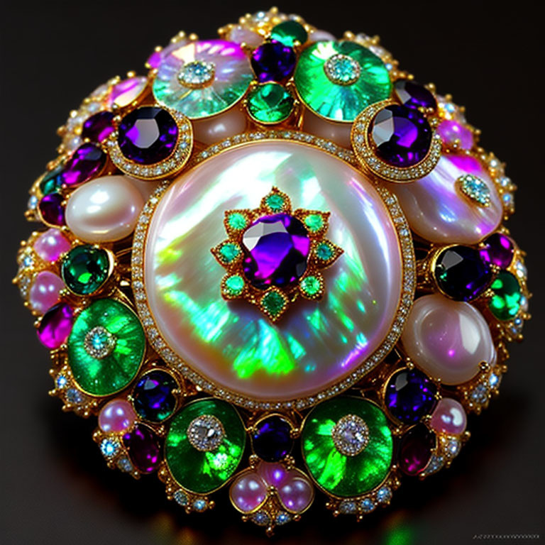 Iridescent Pearl Brooch with Gemstones and Gold Accents