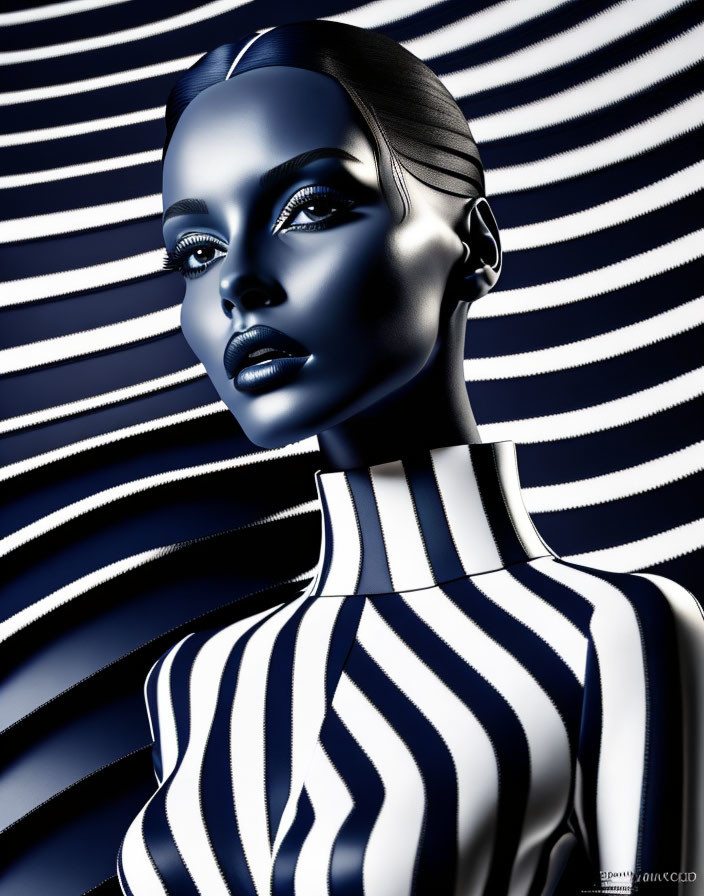 Monochrome Striped Female Figure in Hypnotic Alignment