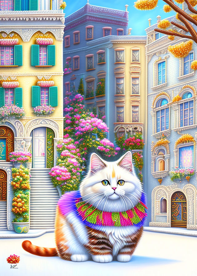 White Cat with Orange Spots in Colorful Collar Amid Vibrant Cityscape