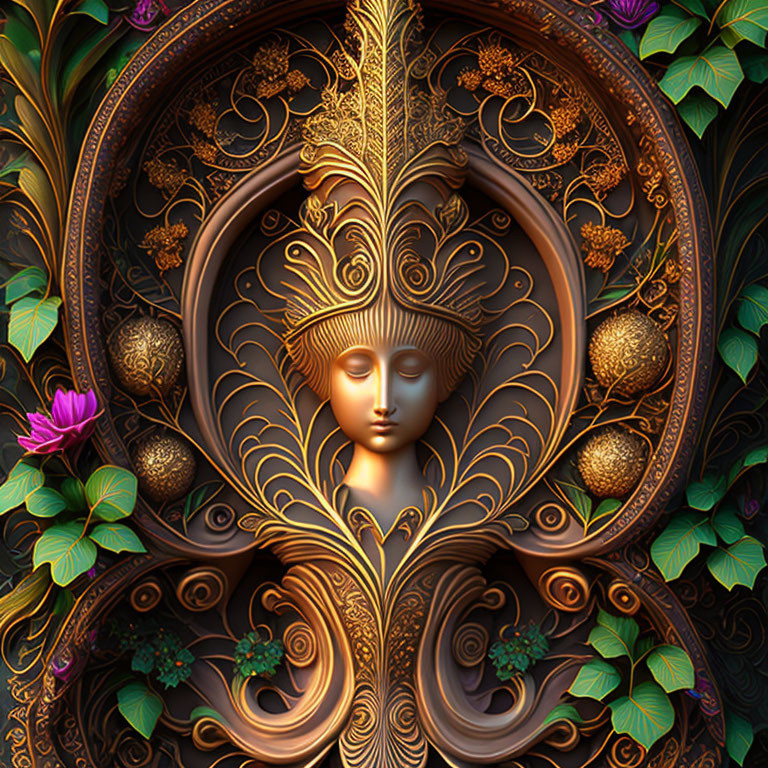 Symmetrical artwork with serene face and golden designs in lush floral setting