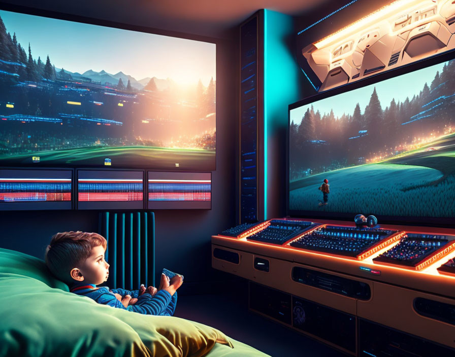 Child playing video games on large screen in futuristic gaming room