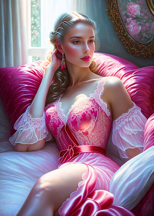 Woman in Pink Lace Dress Lounging on Satin Couch in Sunlit Room