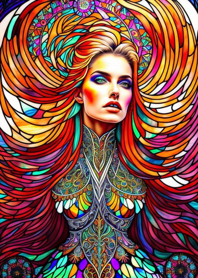 Colorful artwork of a woman with intricate hair and ornamental outfit