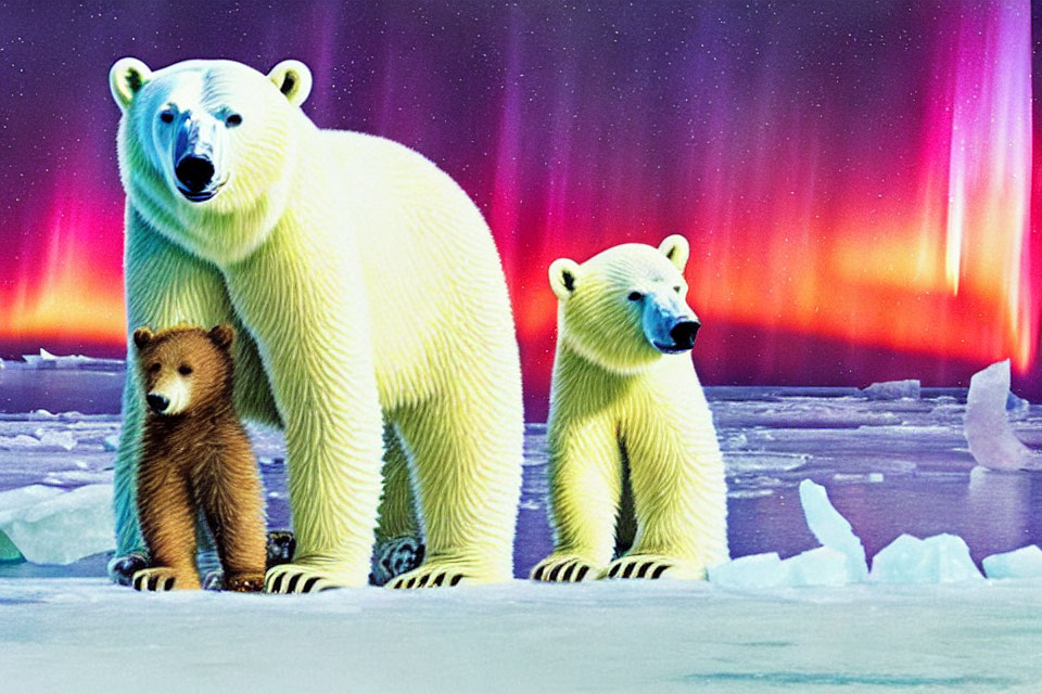 Polar bears and cub on ice floe under colorful aurora borealis