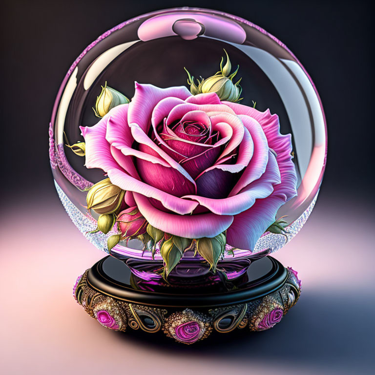 Colorful digital artwork: Pink rose in glass sphere on ornate stand