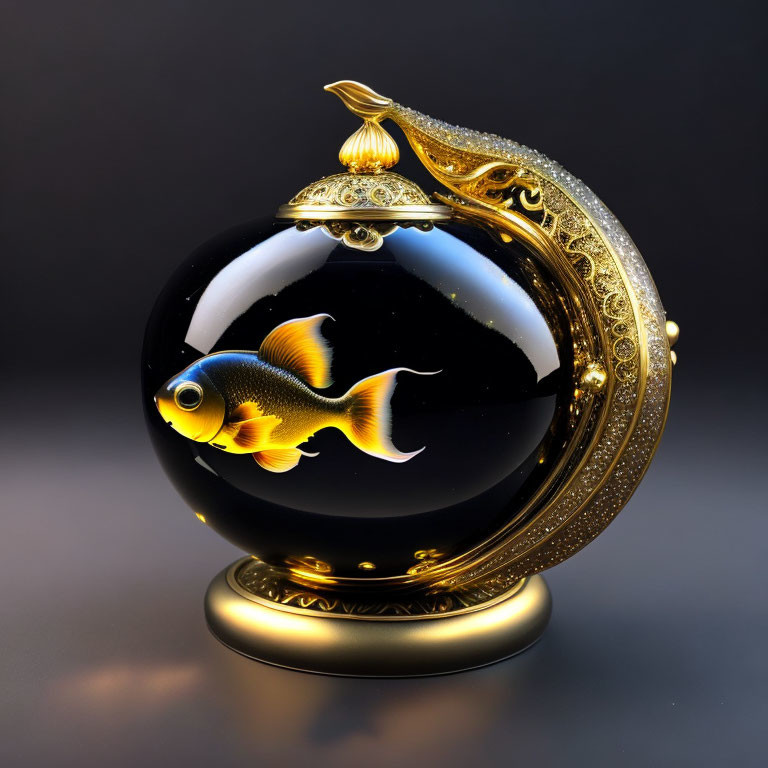 Gold and Black Fishbowl Sculpture with Golden Fish on Gradient Background