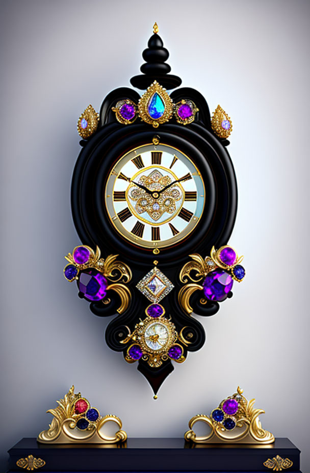 Black and Gold Ornate Clock with Purple Gems on Grey Background