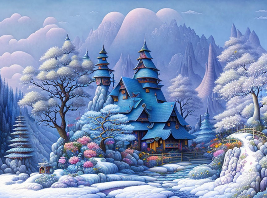 Winter landscape with blue castle, snow-covered trees, colorful flora, pink clouds.