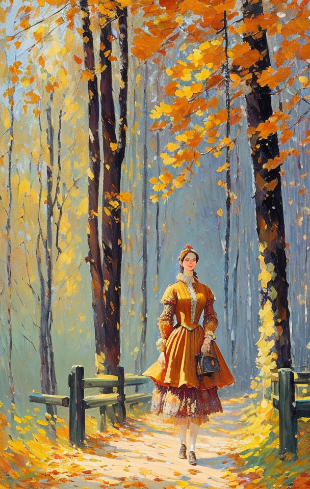 Woman in Yellow Dress Walking Through Vibrant Autumn Forest