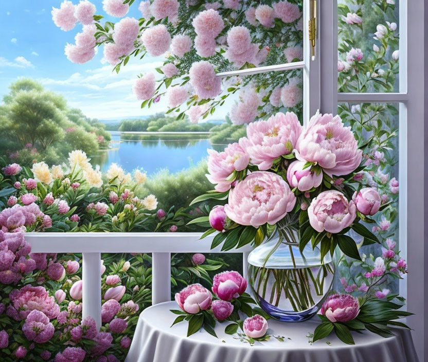 Pink peonies in vase on table with scenic lake view through window