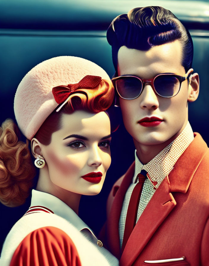 Vintage 1950s styled couple with pink hat and red jacket