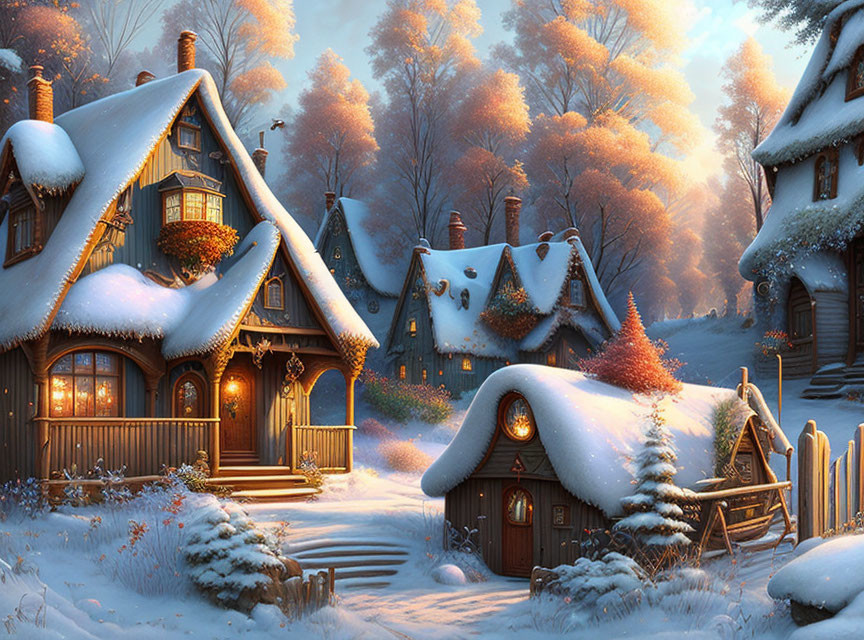 Quaint Village Houses in Snowy Forest at Dusk