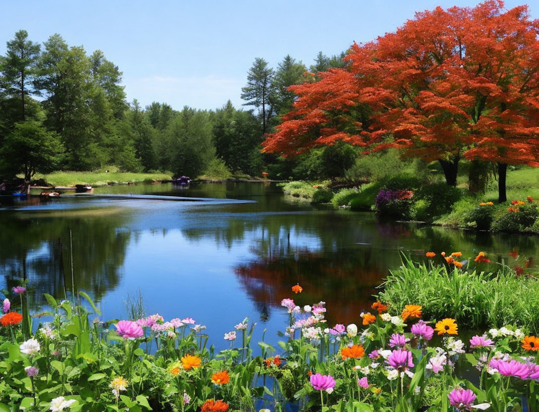 Tranquil pond with lush greenery, vibrant flowers, red tree, clear blue sky