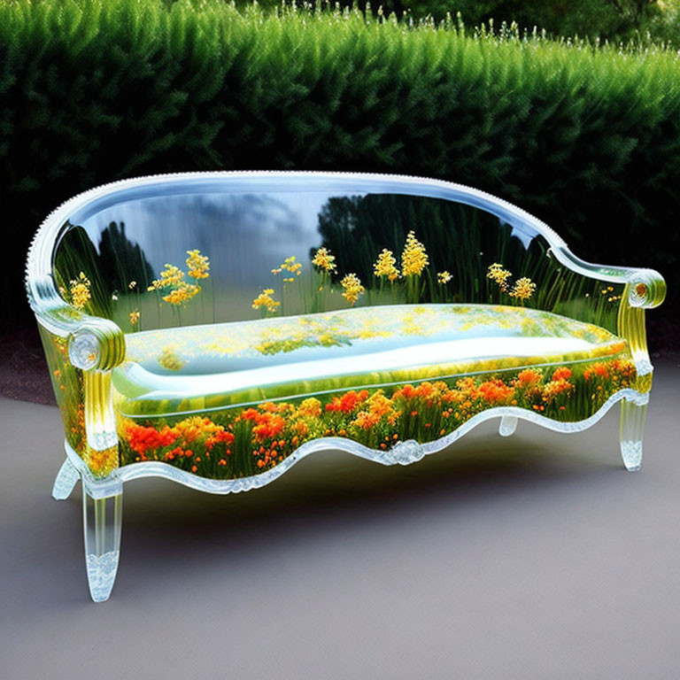 Vibrant Flower-Filled Clear Couch in Garden Setting