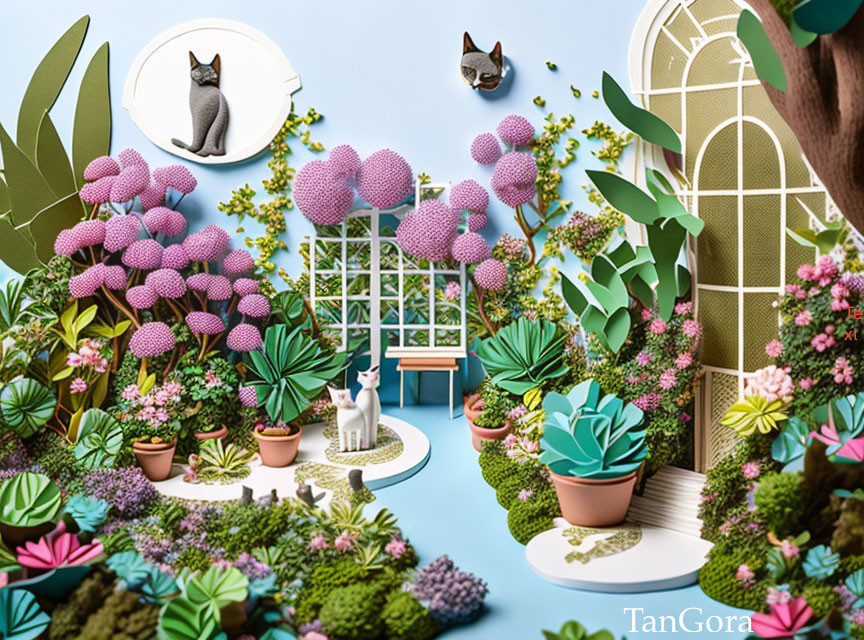 Illustrated garden room with vibrant plants, flowers, two cats, and arched window against blue sky