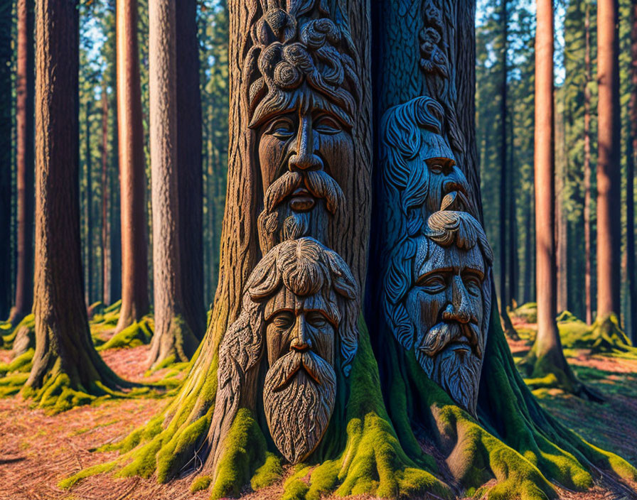 Intricate carved faces on forest tree with moss and pines