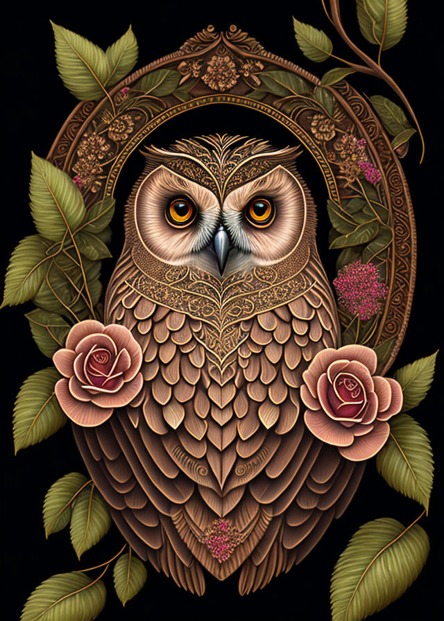 Detailed owl illustration with ornate feathers in decorative frame on black background