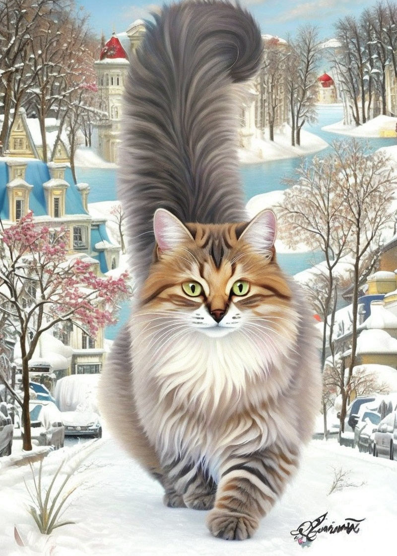 Fluffy cat with green eyes in snowy landscape with pink blossoms