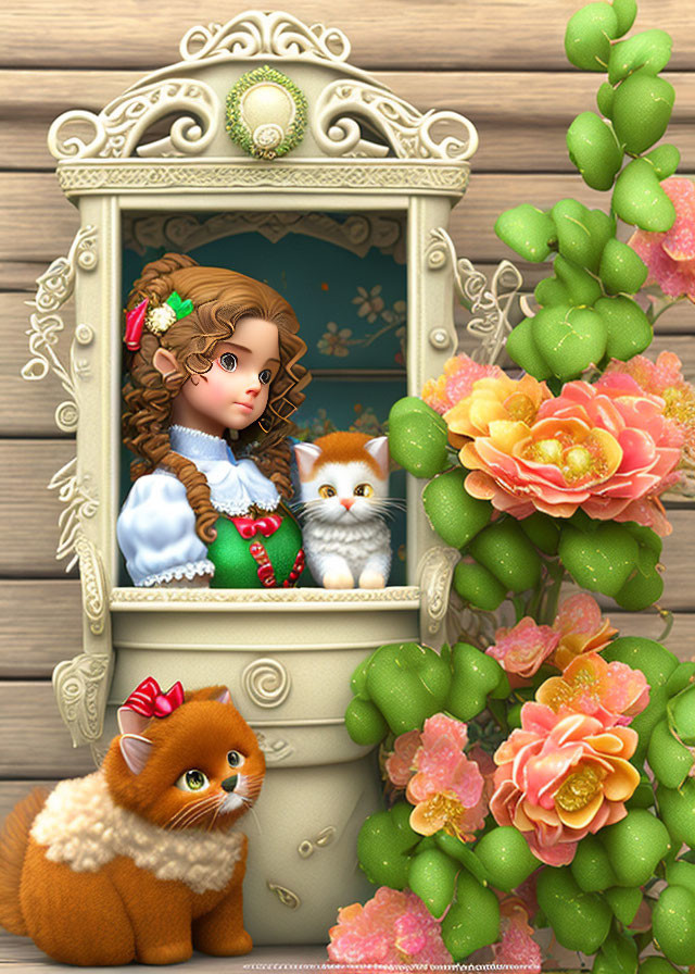 Whimsical artwork of girl, cats, mirror reflection, and vibrant flowers