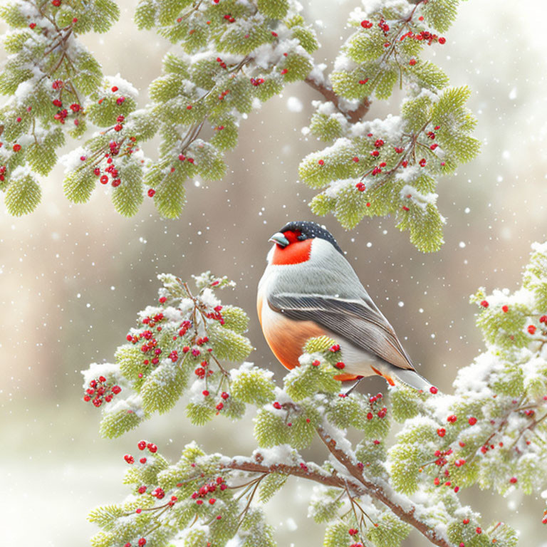 Plump bullfinch on frosty branch with red berries and snowflakes