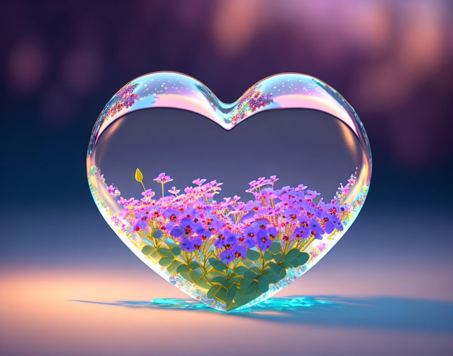 Transparent Glass Heart with Purple Flower Bouquet on Soft Glowing Background