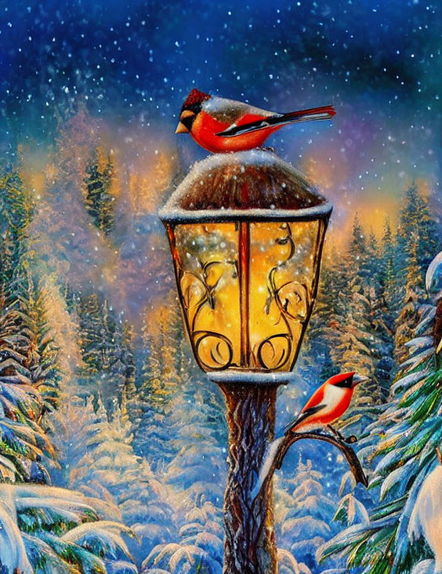 Red cardinal on snow-covered lantern in snowy pine forest under starry night sky