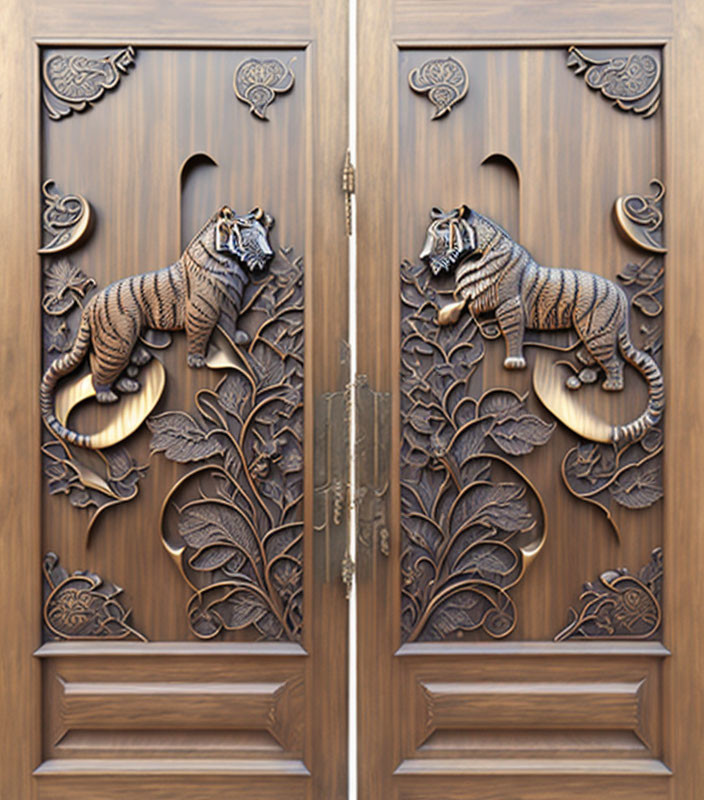 Intricate Tiger Carvings on Wooden Double Doors