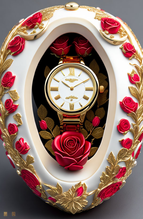 Gold-Framed Watch with Red Roses on Grey Background