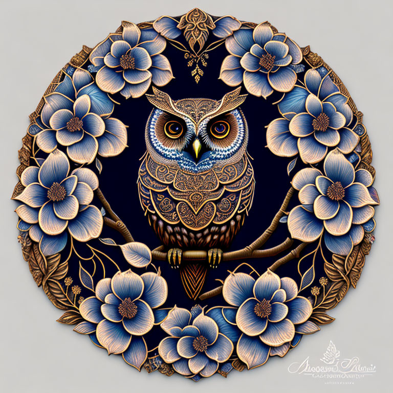 Detailed owl illustration with blue flowers and golden patterns