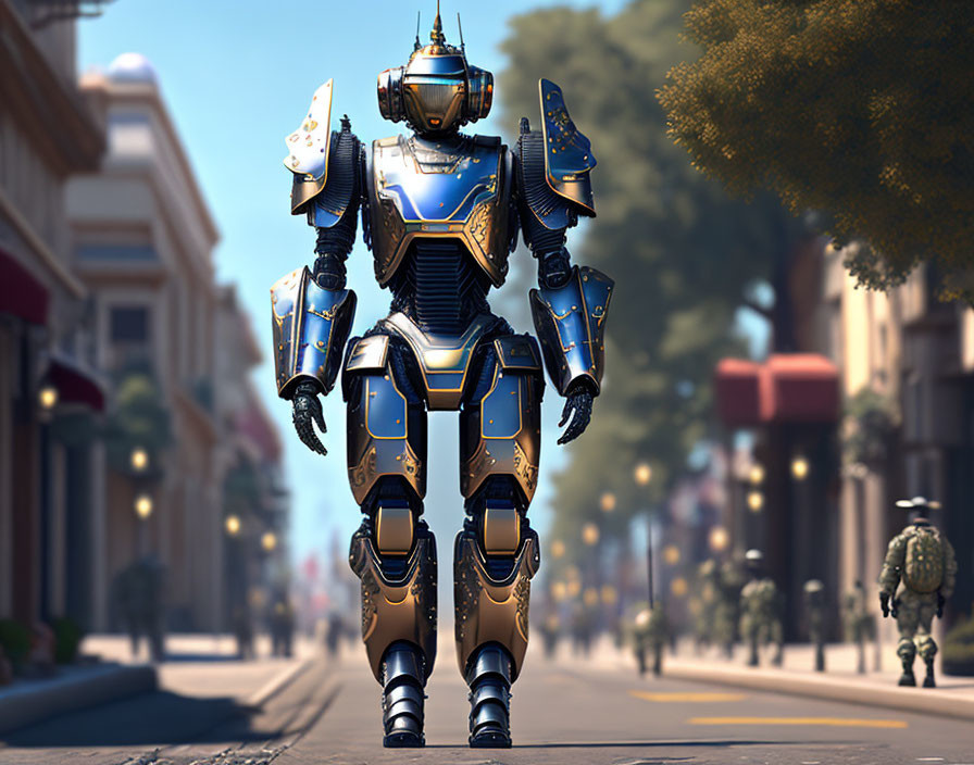 Blue and Gold Armored Futuristic Robot in Urban City Setting