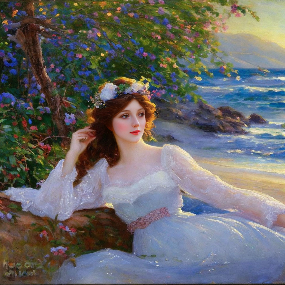 Woman with Flower Wreath by Sea, Romantic Atmosphere