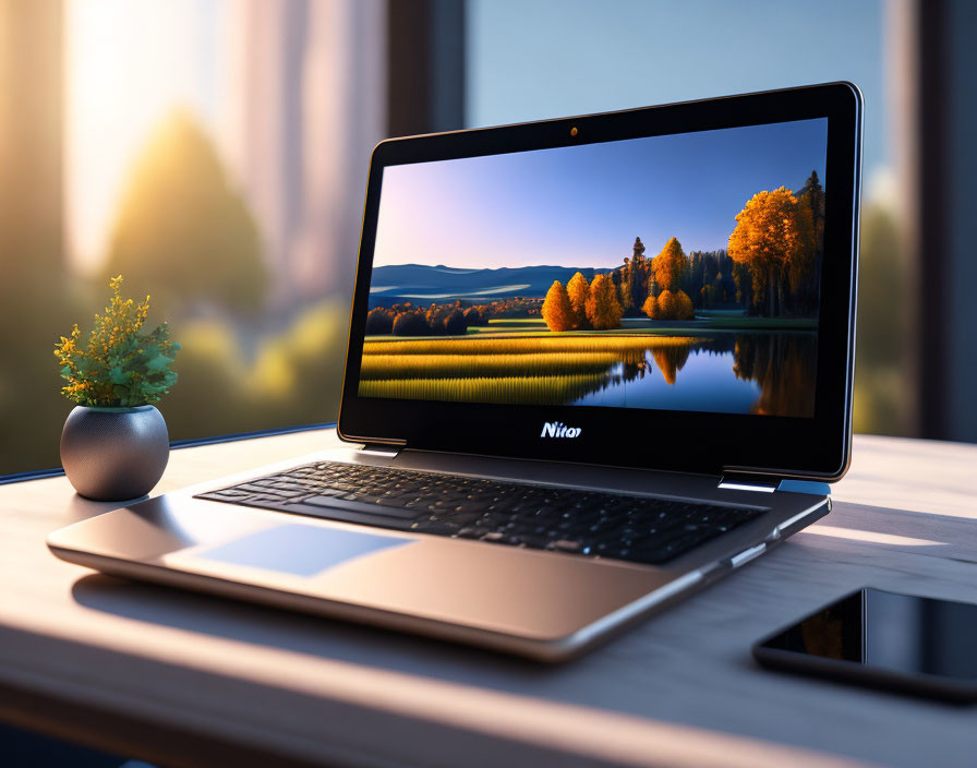 Autumn-themed laptop wallpaper with serene lake and sunset view.