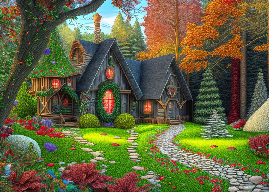 Whimsical cottage with thatched roof in autumnal forest