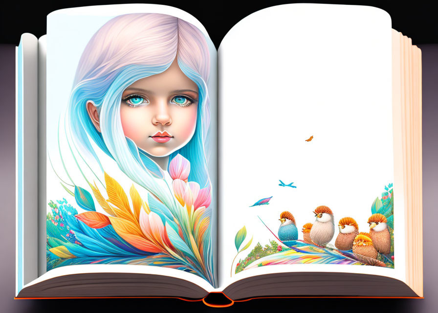 Illustration of a girl with blue hair in nature scene