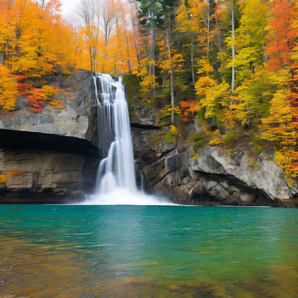 Tranquil waterfall and autumn foliage by emerald pool