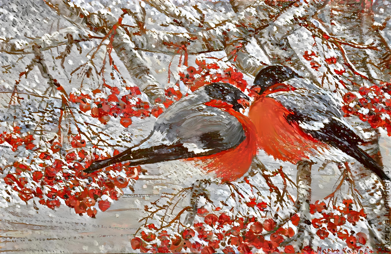 Bullfinches on a branch of mountain ash in winter 