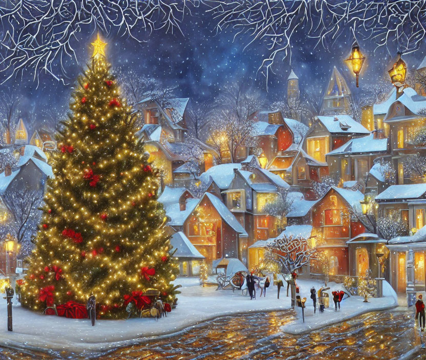 Winter scene with glowing Christmas tree and snow-covered houses.