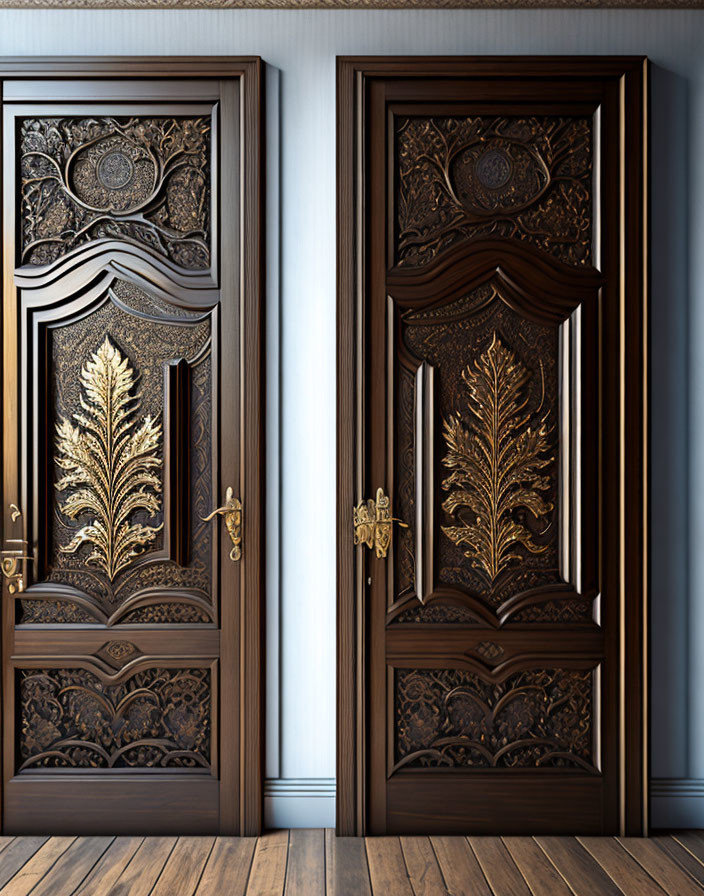 Ornate wooden doors with gold inlay and leaf motif