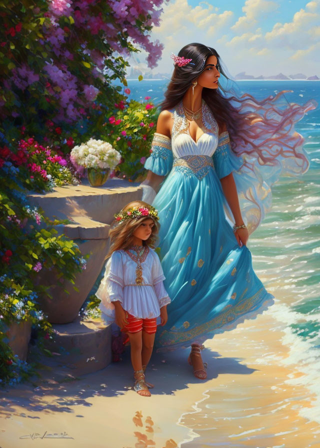 Woman and child stroll on sunny beach with sailboats and blooming flowers