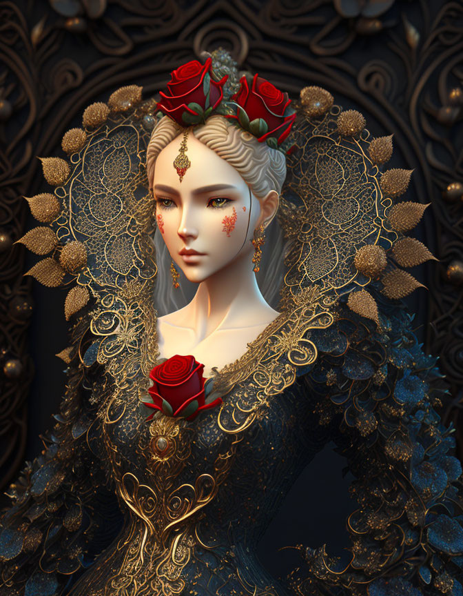 Digital artwork: Woman with golden headwear, red rose crown, and dark gown