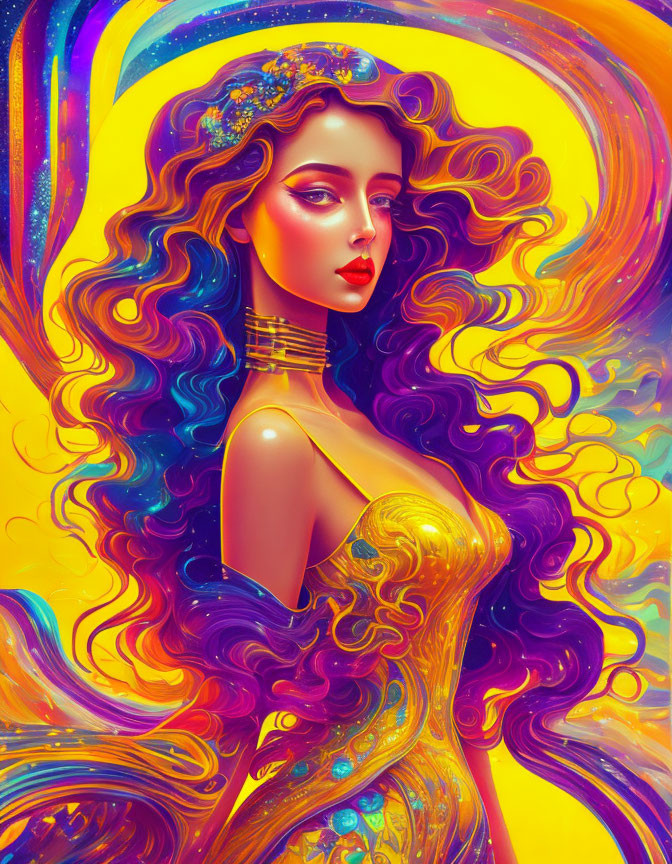 Colorful digital artwork: Woman with curly hair in golden dress amidst abstract swirls