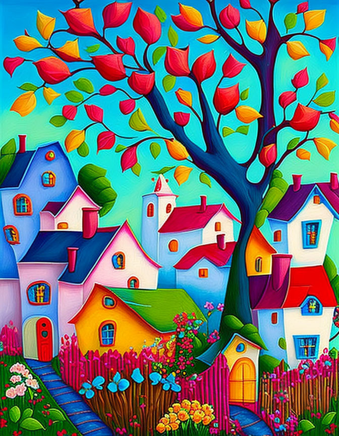 Colorful painting of whimsical houses under red tree against blue sky